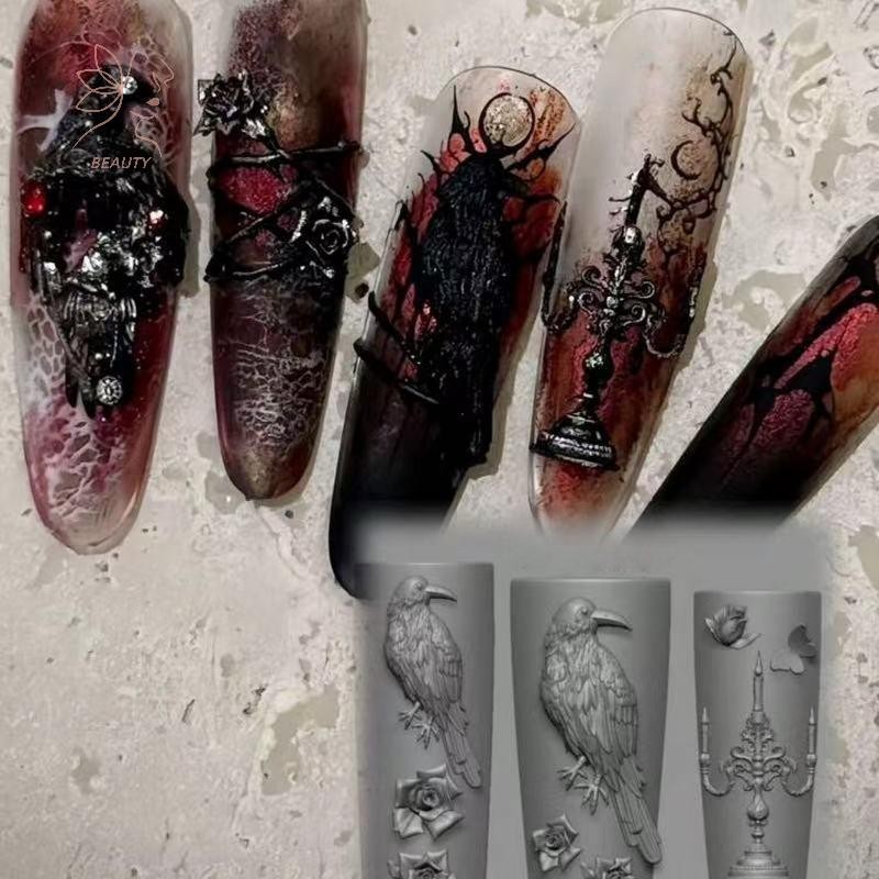 [maybeauty] Retro Crow Rose เชิงเทียนซิลิโคนเล็บแม่พิมพ์ดอกไม้ 3D ตกแต่งเล็บ DIY โปร่งใสแม่พิมพ์เล็บออกแบบเครื่องมือ {TH}