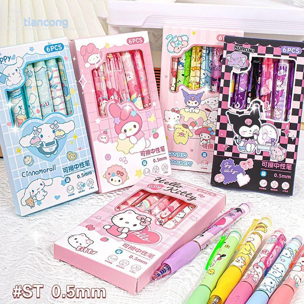 TIANCONG 6 ชิ้น/เซ็ตปากกาลบได้,แห้งเร็ว Kuromi/Melody/Pochacco ปากกาลูกลื่น,แบบพกพาแก้ไขปากกา Grip ท่าทาง 0.5 มม.หมึกสีฟ้าปากกาเจลโรงเรียนอุปกรณ์สํานักงาน