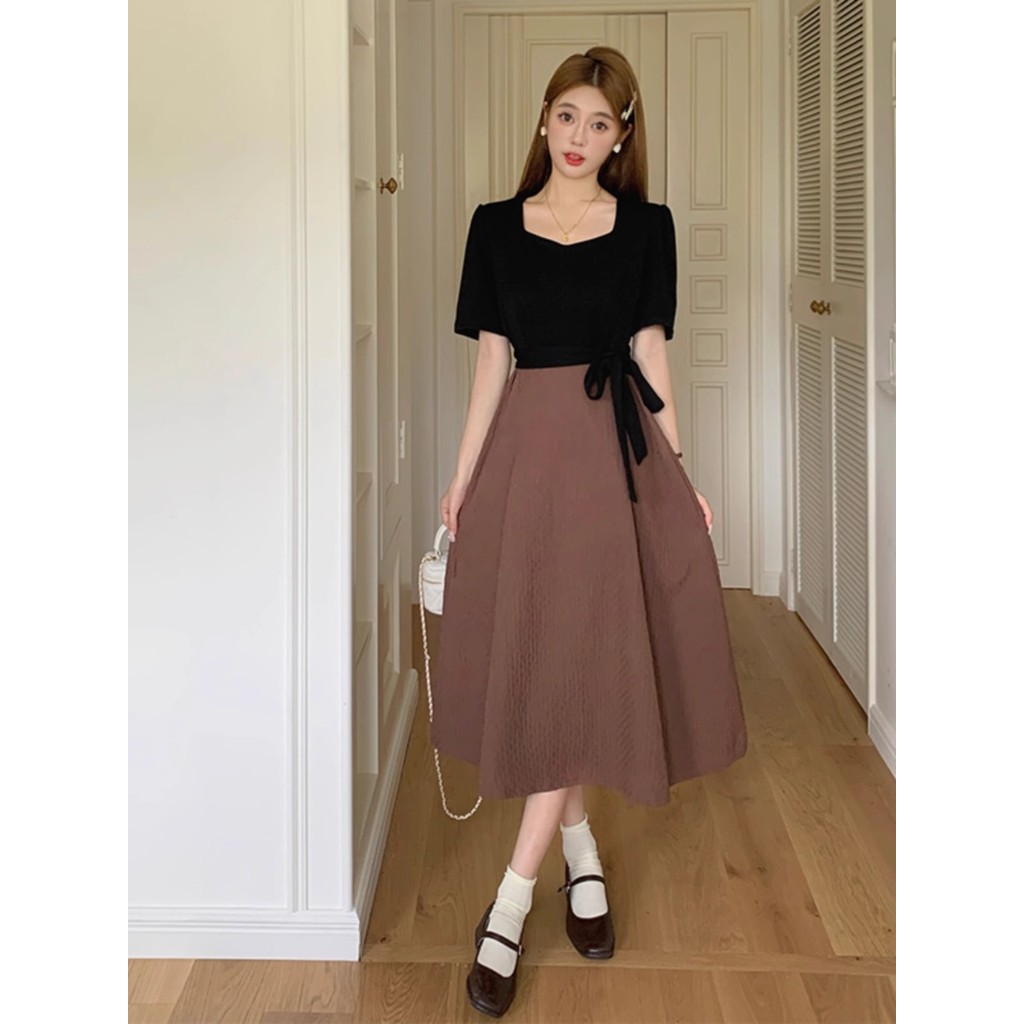 prom summer midi dress เดรสไปทะเล ผ้าทวิต กระโปรงยาว ใส่สบาย เดรสน่ารัก หรู ออกงาน มีแขน