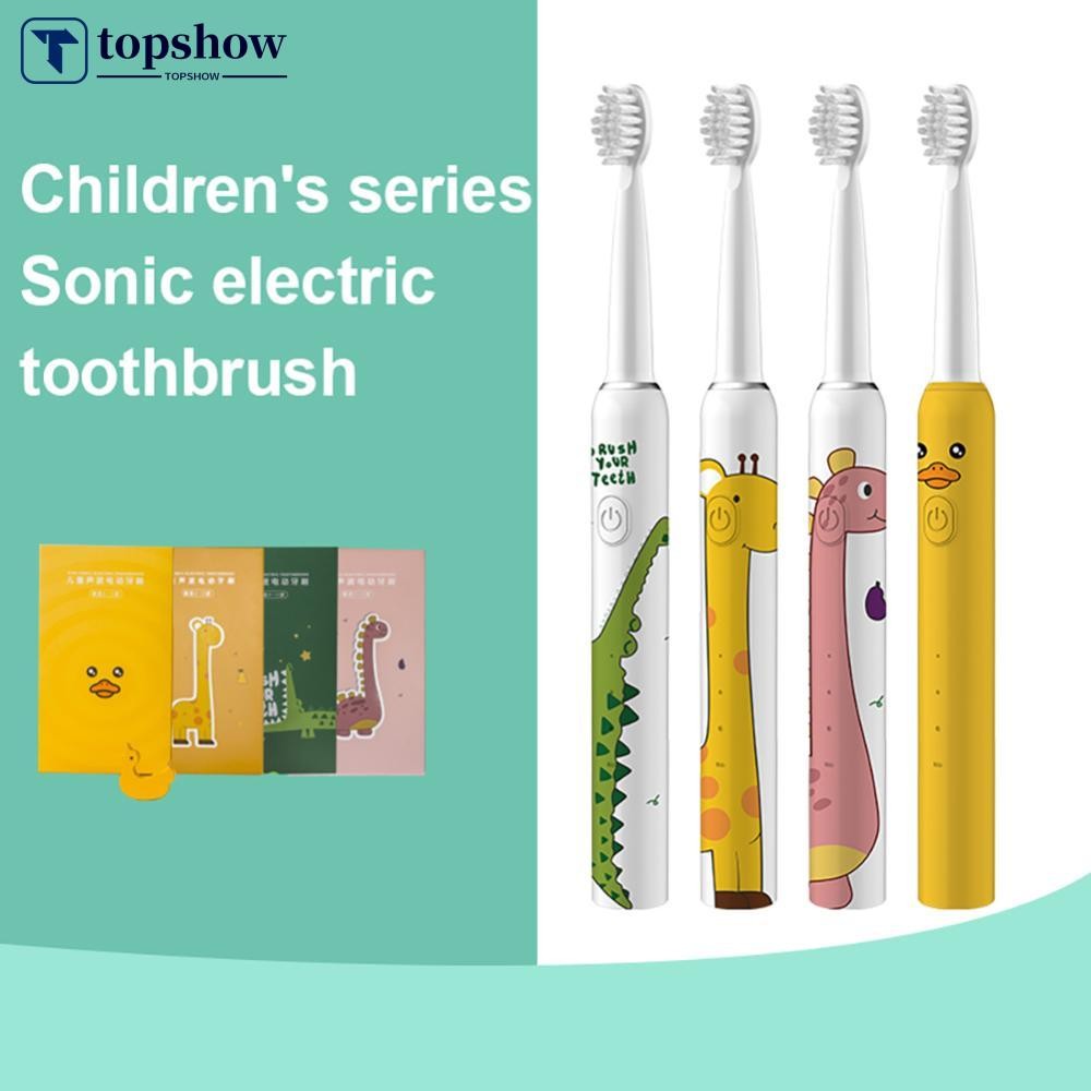 TOPSHOW สมาร์ทโซนิคเด็กแปรงสีฟันไฟฟ้าพร้อมตัวจับเวลาการ์ตูนสัตว์รูปแบบกันน้ําสําหรับ 3-12 ปีเด็ก Hea