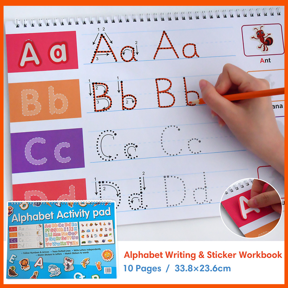 ตัวอักษรเขียนและสติ๊กเกอร์ สมุดกิจกรรมเด็ก ABC 10 หน้า ฝึกเขียนตัวอักษรภาษาอังกฤษสําหรับเด็กวัยหัดเดิน