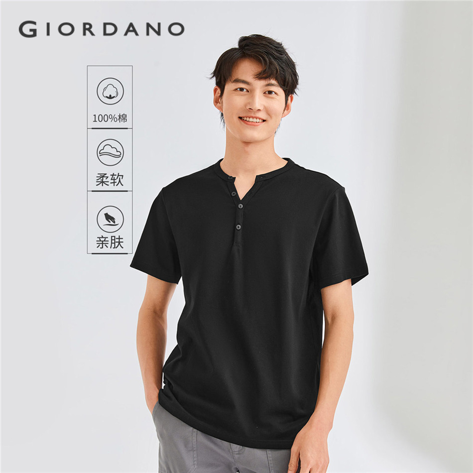 GIORDANO MEN Henley-neck solid color short sleeve tee 01023418