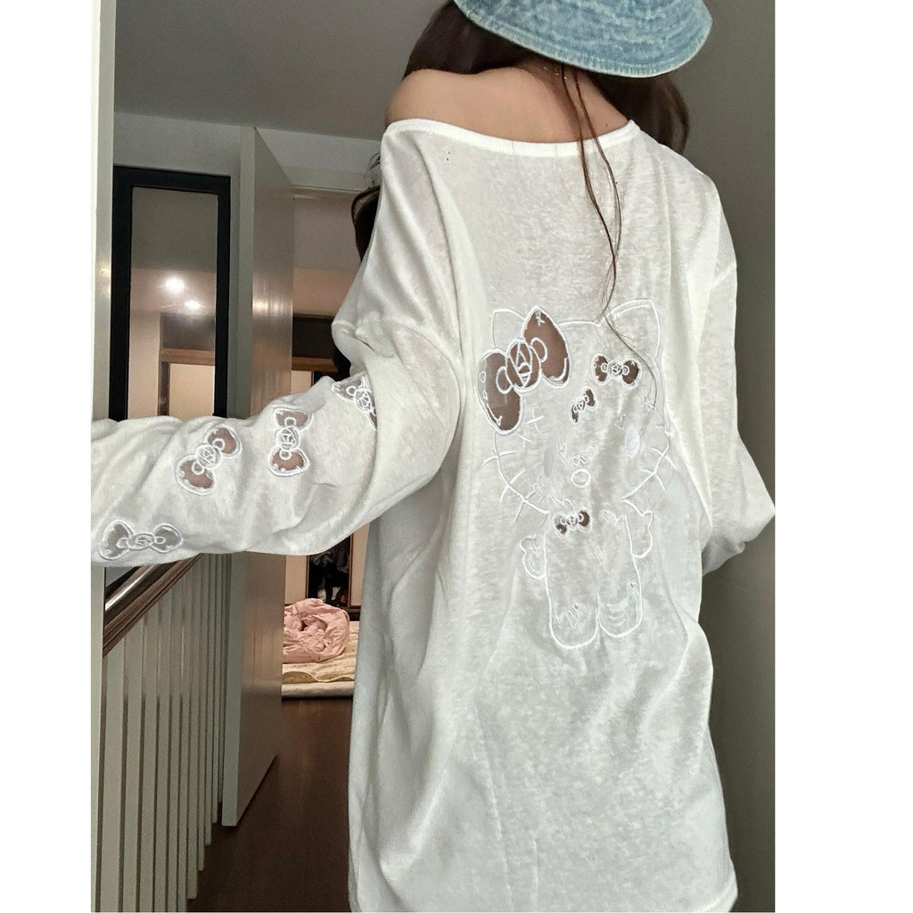 Hollow เย็บปักถักร้อยสไตล์เกาหลีเสื้อแขนยาวผู้หญิงฤดูร้อนสีขาวหลวม Tulle โปร่งใสเล็กน้อย Suns