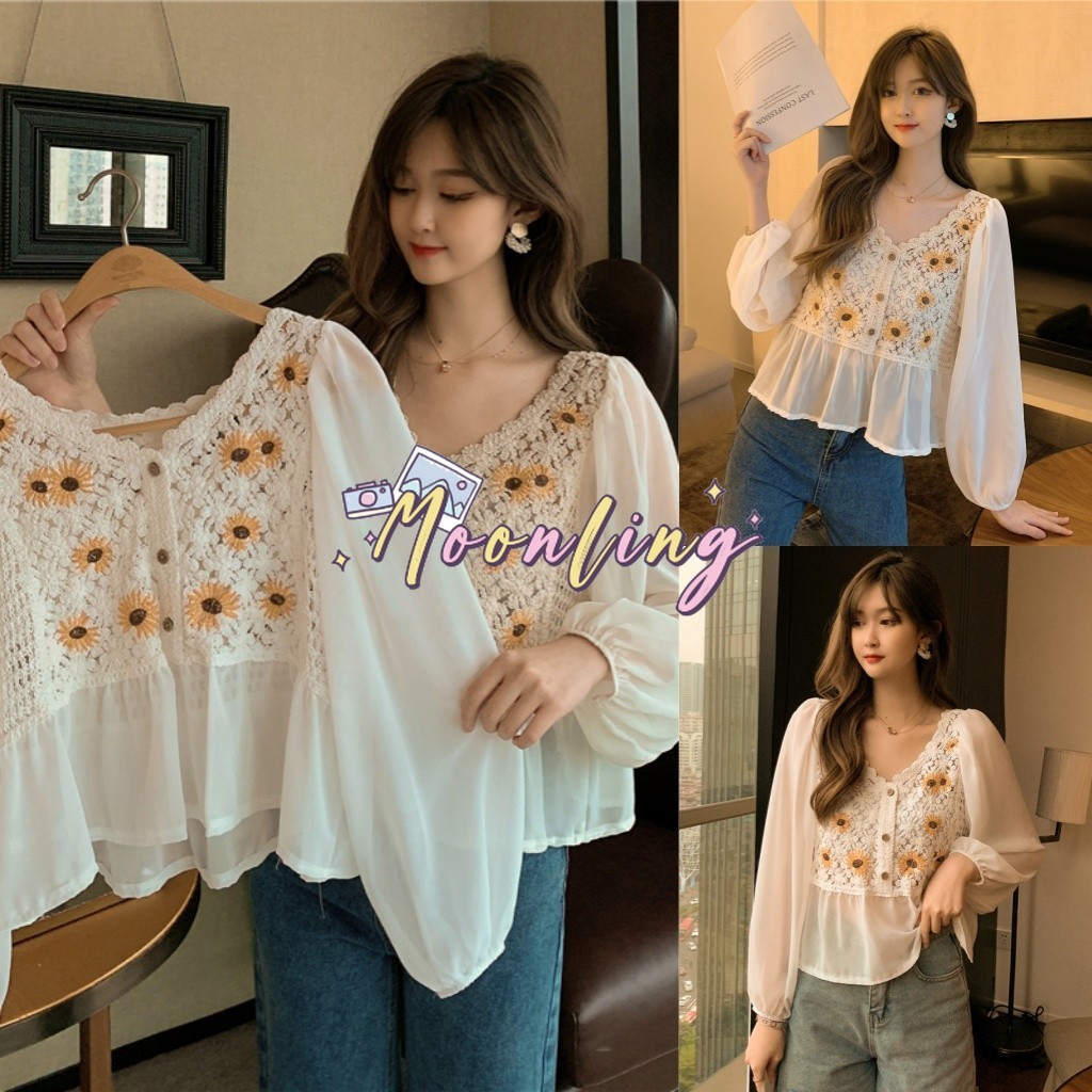 🌜Moonling🌛พร้อมส่งจากไทย เสื้อถักไหมพรม แขนยาวชีฟอง ลายดอกทานตะวัน สินค้าพร้อมส่ง *1968* -C