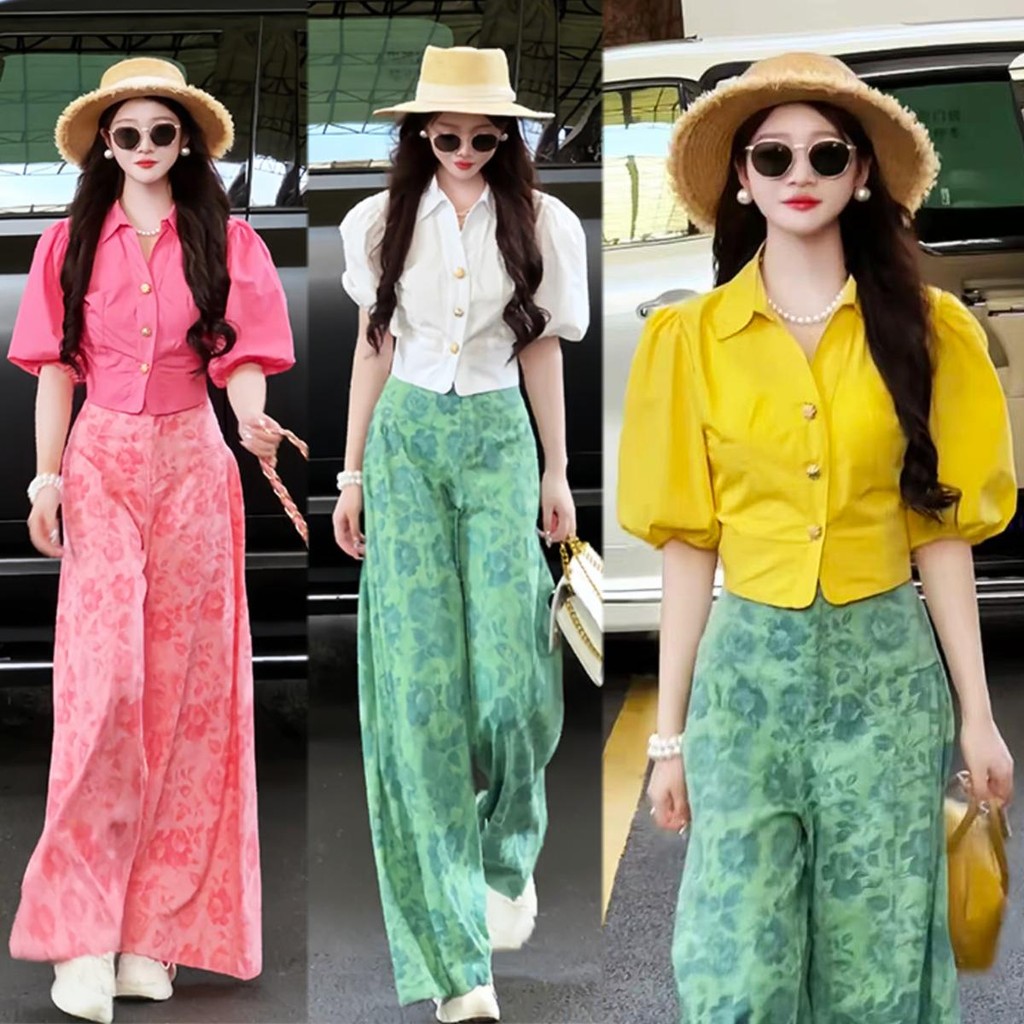 Chili Koko เสื้อสีเหลือง เสื้อเชิ้ตแขนพองคอวีสไตล์ฝรั่งเศส ทรงสั้น สวยงาม สำหรับผู้หญิงในช่วงฤดูร้อน W626