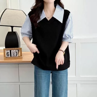 [เสื้อโอเวอร์ไซส์] (40-150กิโลกรัม) ฤดูร้อนสองชิ้นลายเสื้อโปโลคอปกขนาดบวกแขนสั้นชุดลําลองผู้หญิงเสื้อ