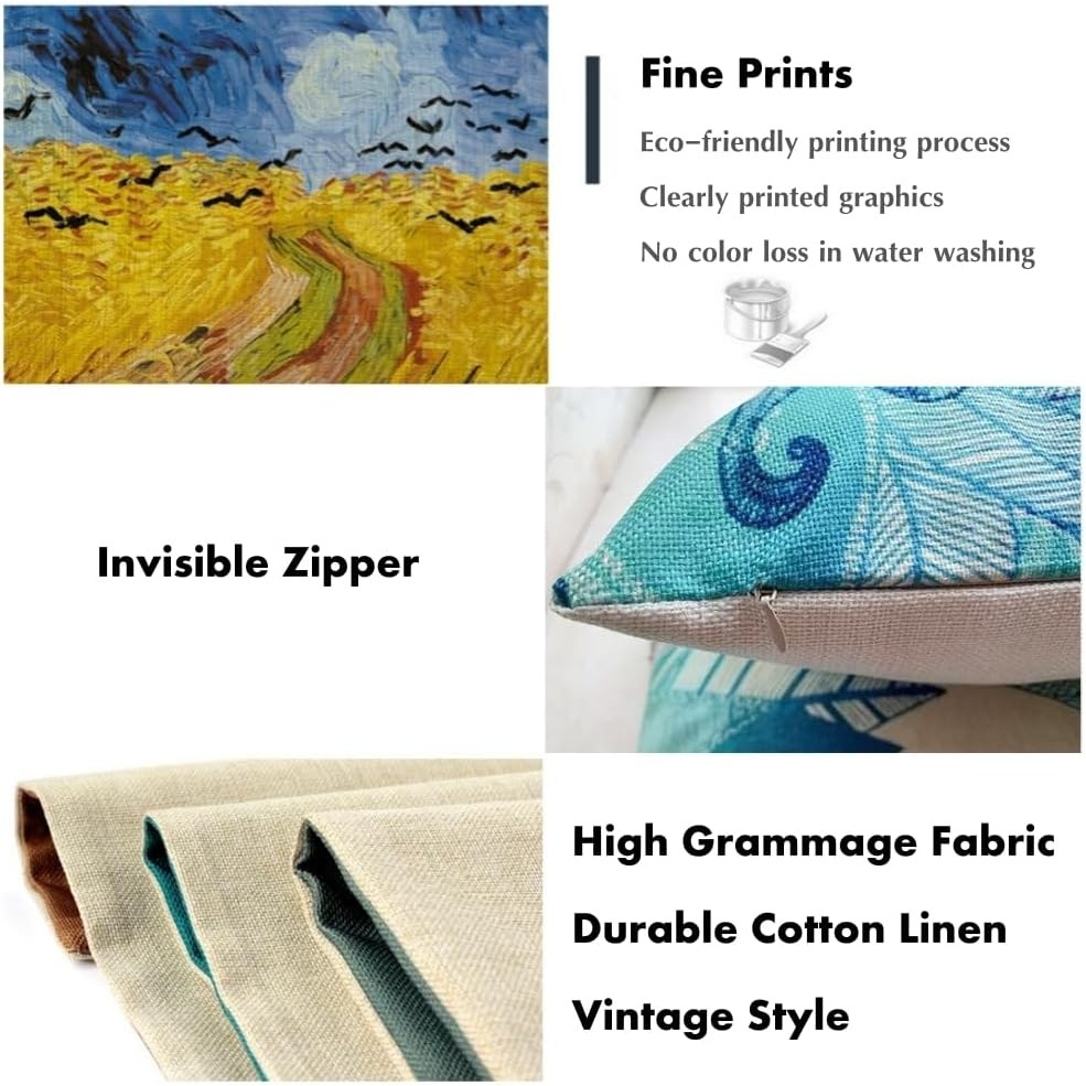 IcosaMroโยนหมอนชุด 4 Van Gogh Art 18x18 หมอนตกแต่งกรณีสแควร์ซิปผ้าฝ้ายผ้าลินินปลอกหมอนอิงห้องโซฟาตกแ