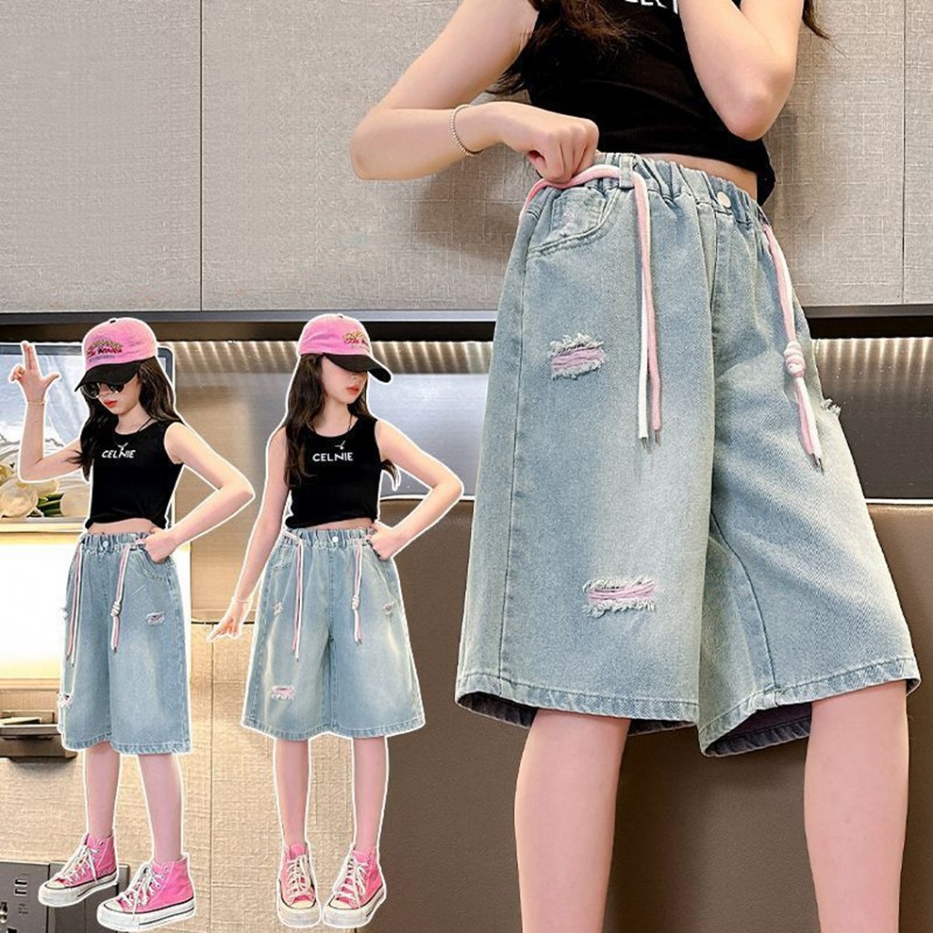 【จัดส่งจากประเทศไทย】กางเกงขาสั้นยีนส์เด็กผู้หญิงรุ่นใหม่ ทำจากผ้านุ่มและระบายอากาศได้ดี ดีไซน์สไตล์ยุโรปและอเมริกา ออกแบบเฉพาะสำหรับเด็กผู้หญิง