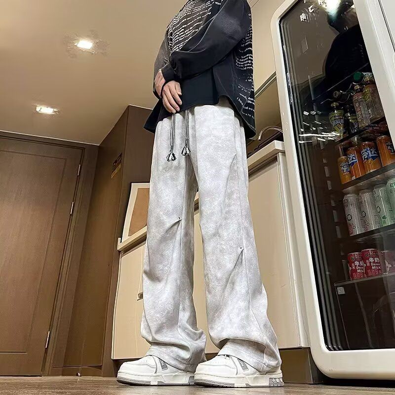 American High Street Tie-Dye Dirty Pants Mens Loose Straight Large Size Wide-Leg Pants 2025