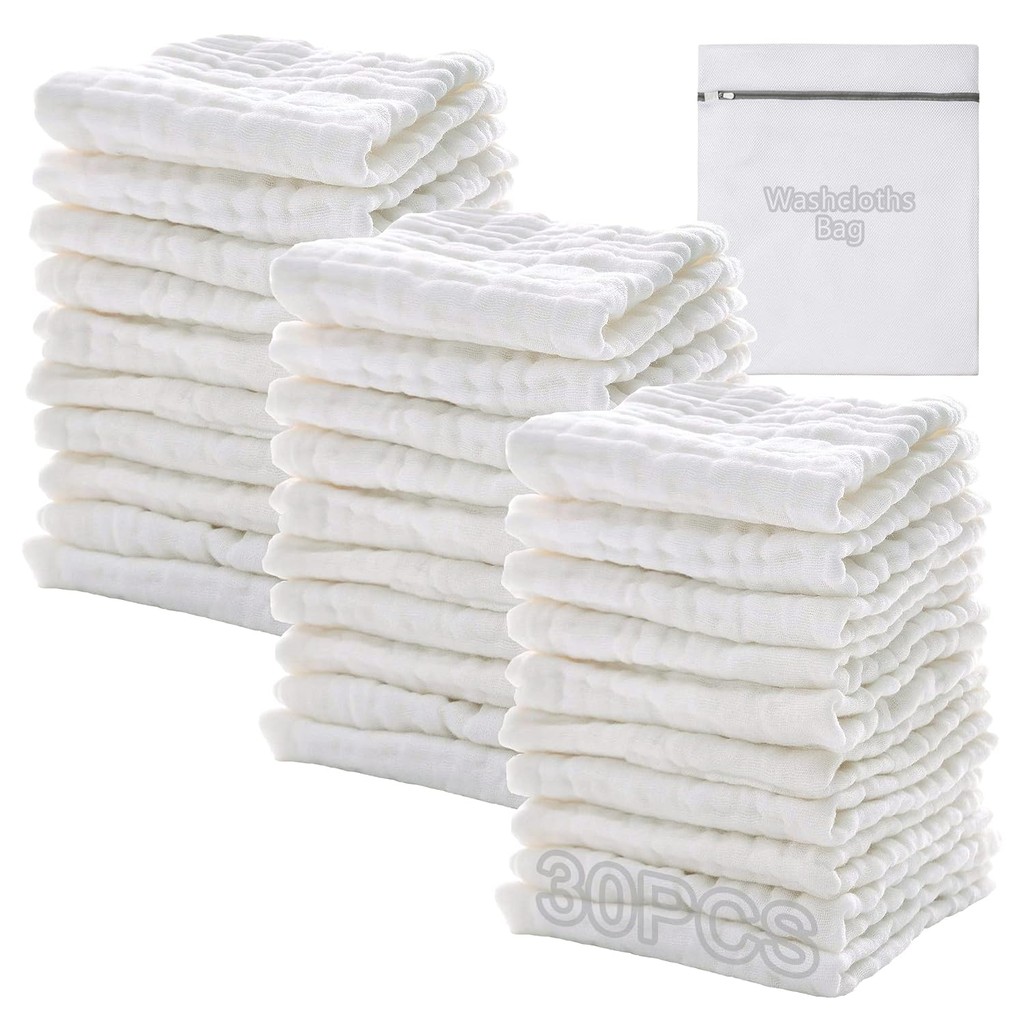 Baby Muslin Soft White all Washcloths สําหรับทารกแรกเกิด Essentials ต้องมี Muslin Wash ดูดซับ Burp ผ