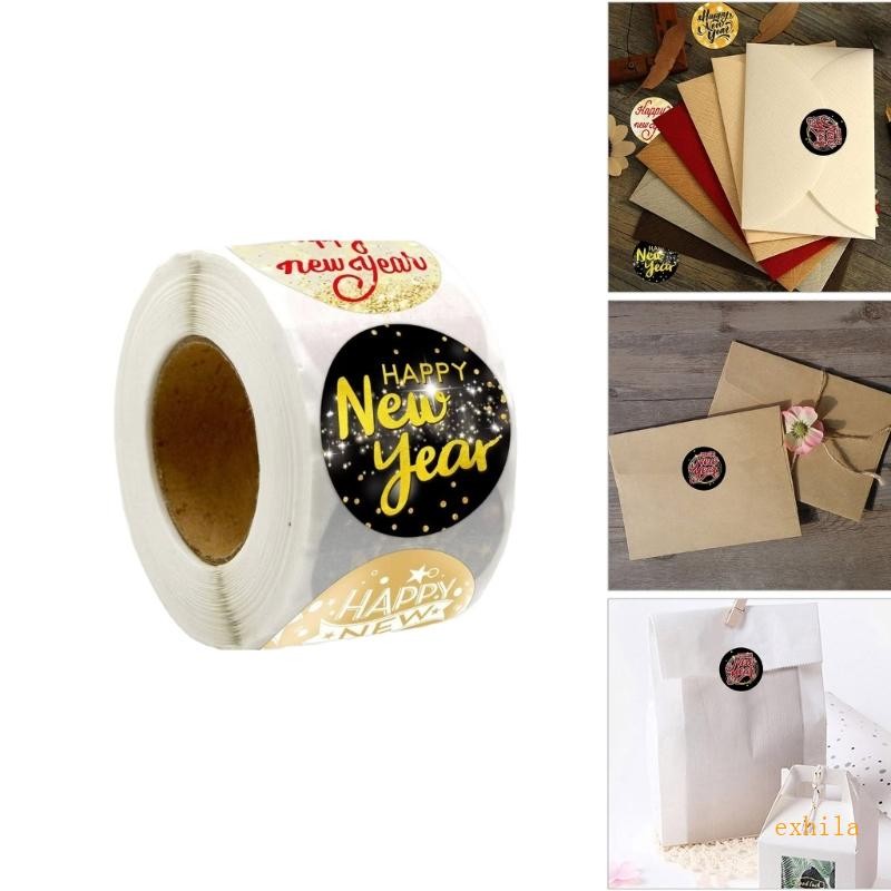 Exhila 500 ชิ้น Happy New Year สติกเกอร์รอบปิดผนึกสติกเกอร์ Self-Adhesive Wrapping Labels สําหรับซองจดหมายการ์ดคริสต์มาส
