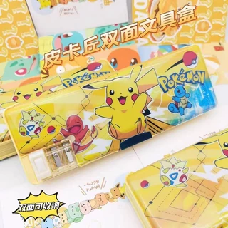 Pokemon Pikachu กล่องเครื่องเขียนการ์ตูนเด็กมัลติฟังก์ชั่นกล่องเครื่องเขียนสองด้านความจุขนาดใหญ่กล่องดินสอการ์ตูน