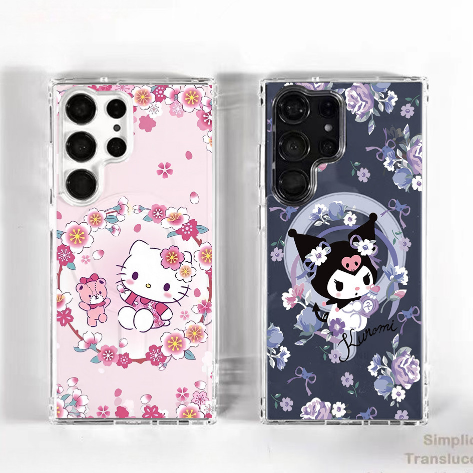 Samsung S25 Ultra S24 FE S24U S23U S22 A56 A55 Sanrio Hello Kitty Kuromi Micro Matteโปร่งแสงแม่เหล็กสําหรับSamsung S25 + S24 Plus S23 S20 FEกันกระแทก