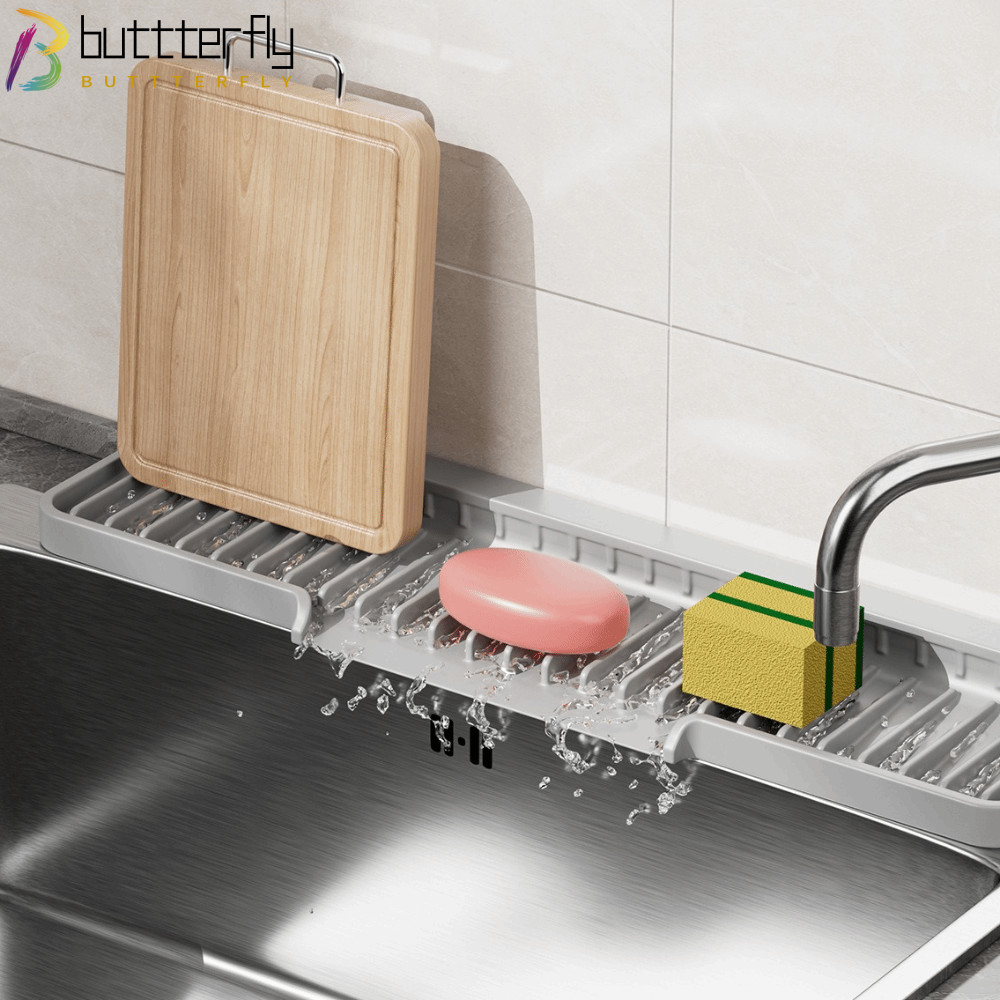 BUTTTERFLY แผ่นรองท่อระบายน้ําอ่างล้างจาน, ซิลิโคนแคบขอบอ่างล้างจานถาดดูดซับน้ํา, คุณภาพสูง Splash-proof Slope Anti-slip KITCHEN Sink ถ้วยชาห้องครัว