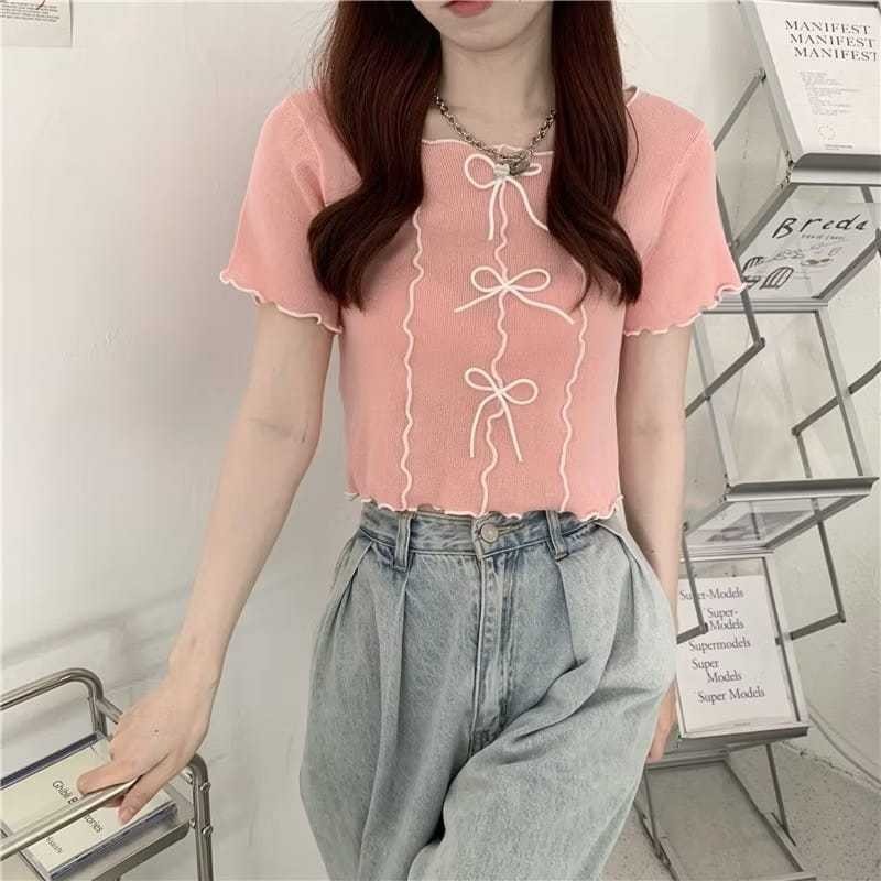 BEFAST - ZER TOP XANTE RIBBON RIBBON ผู้หญิง SIMPLE น่ารักชุดแขนสั้น / ซี่โครงถักด้านบน Fit ถึง L