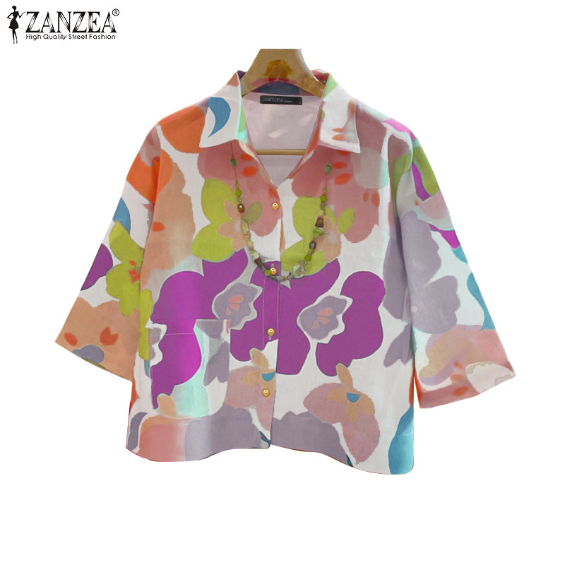 ZANZEA เสื้อครึ่งแขนสไตล์เกาหลีสำหรับวันหยุด ดีไซน์พิมพ์สวยงาม