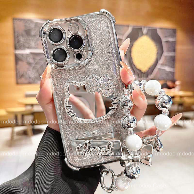 เคส For OPPO A3X A5 A3 Pro A38 A73 A79 A98 A77 A3S A12E A31 A1K A53 A52 A72 A92 A57 2022 4G A33 2020 Reno 6Z 5Z 5 Realme C1 5G high quality delicacy Kitty Makeup mirror Bracket Full Anti drop Fine Hole Protector Crystal Strap Soft Phone Case JD 06