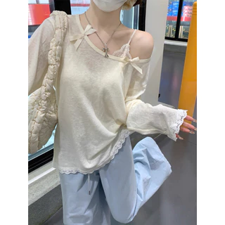 Cicishop(CM2086) เสื้อคอกลมทรงหลวมใส่สบายบางเบา ดีเทลแต่งโบว์และลูกไม้น่ารักคาวาอี้