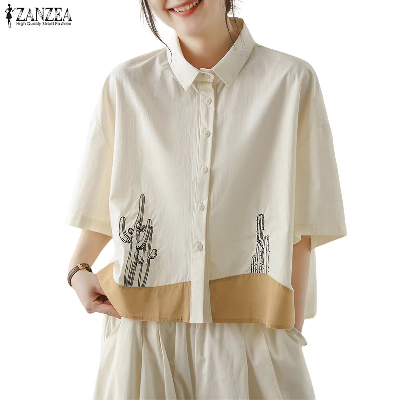 ZANZEA เสื้อเชิ้ตแขนครึ่งสไตล์เกาหลี พิมพ์ลายพืชสีตัดกัน