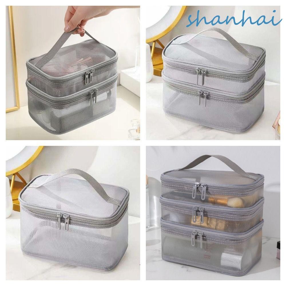 Shanhai กระเป๋าเครื่องสําอาง แบบตาข่าย มีซิป สองชั้น 1 2 3 ชั้น แบบพกพา สีโปร่งใส