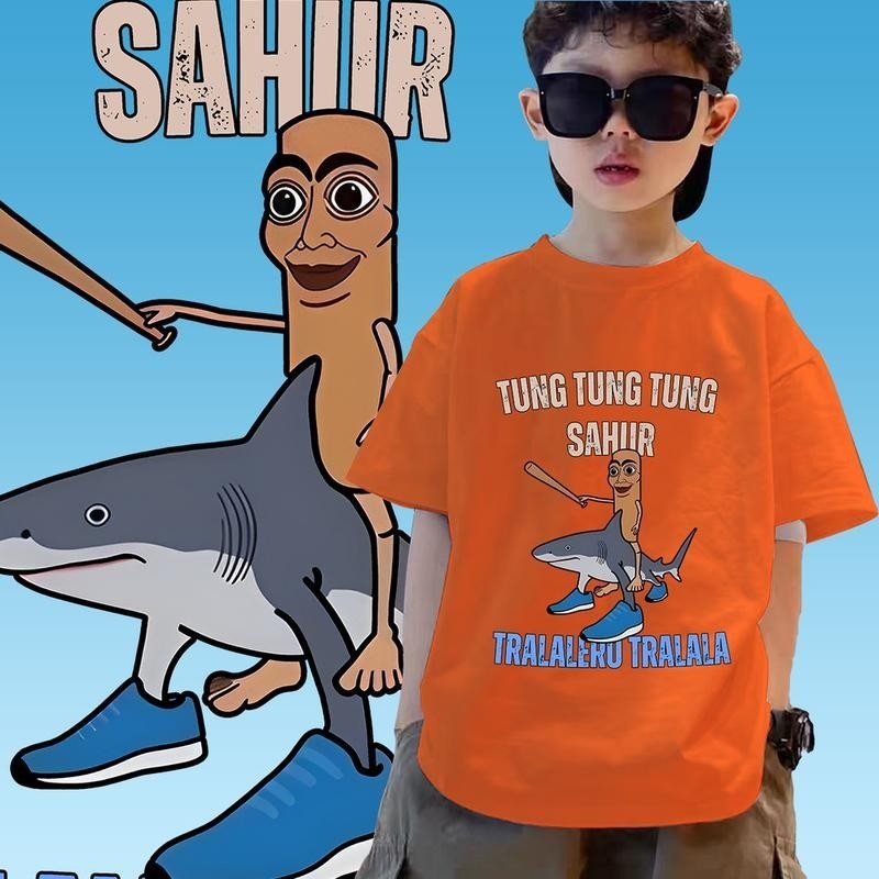 หลวม Fashion เด็กแฟชั่นใหม่หลายสีแขนสั้น Tung Tung Tung Sahur Funny Meme 95-150cm boy girl T-shirt L