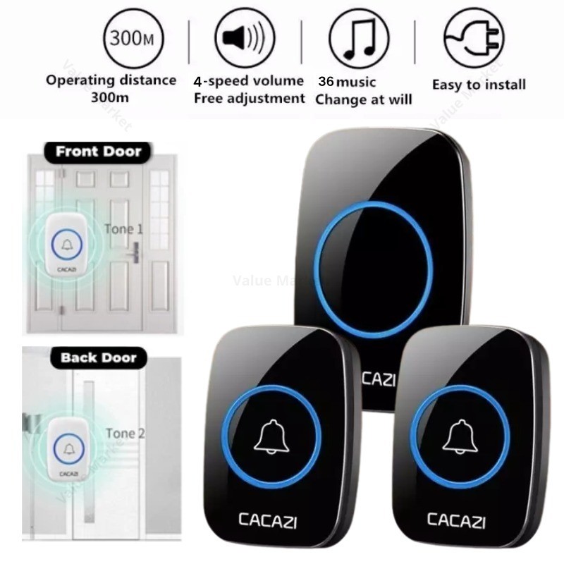 ออดไร้สาย CACAZI กระดิ่งประตูกันน้ําไร้สาย DoorBell 300M ช่วงออดบ้านอัจฉริยะประตูสมาร์ทแหวนมูลค่า Market