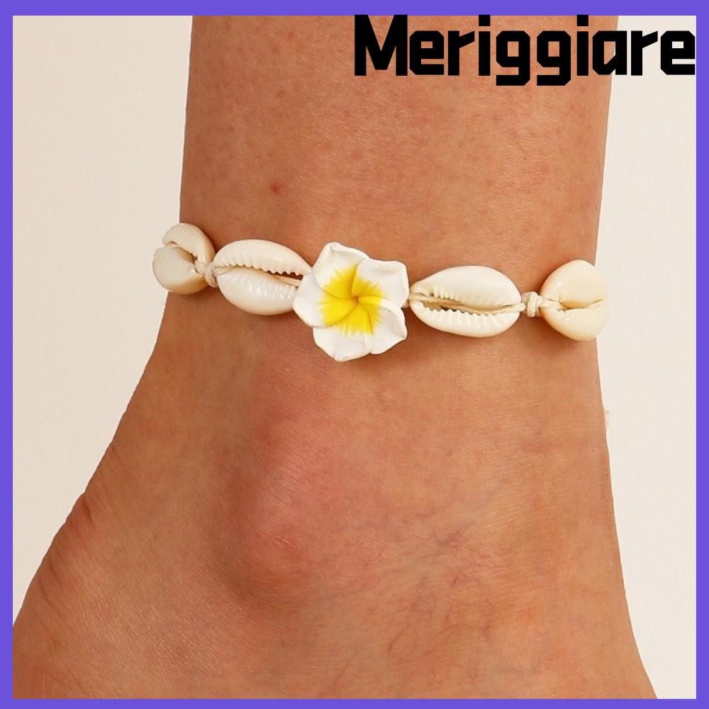 MERIGGIARE Boho Shell Ankle Bracelets, Beach Jewelry Flower Pendant Braided Anklets, Fashion Party H