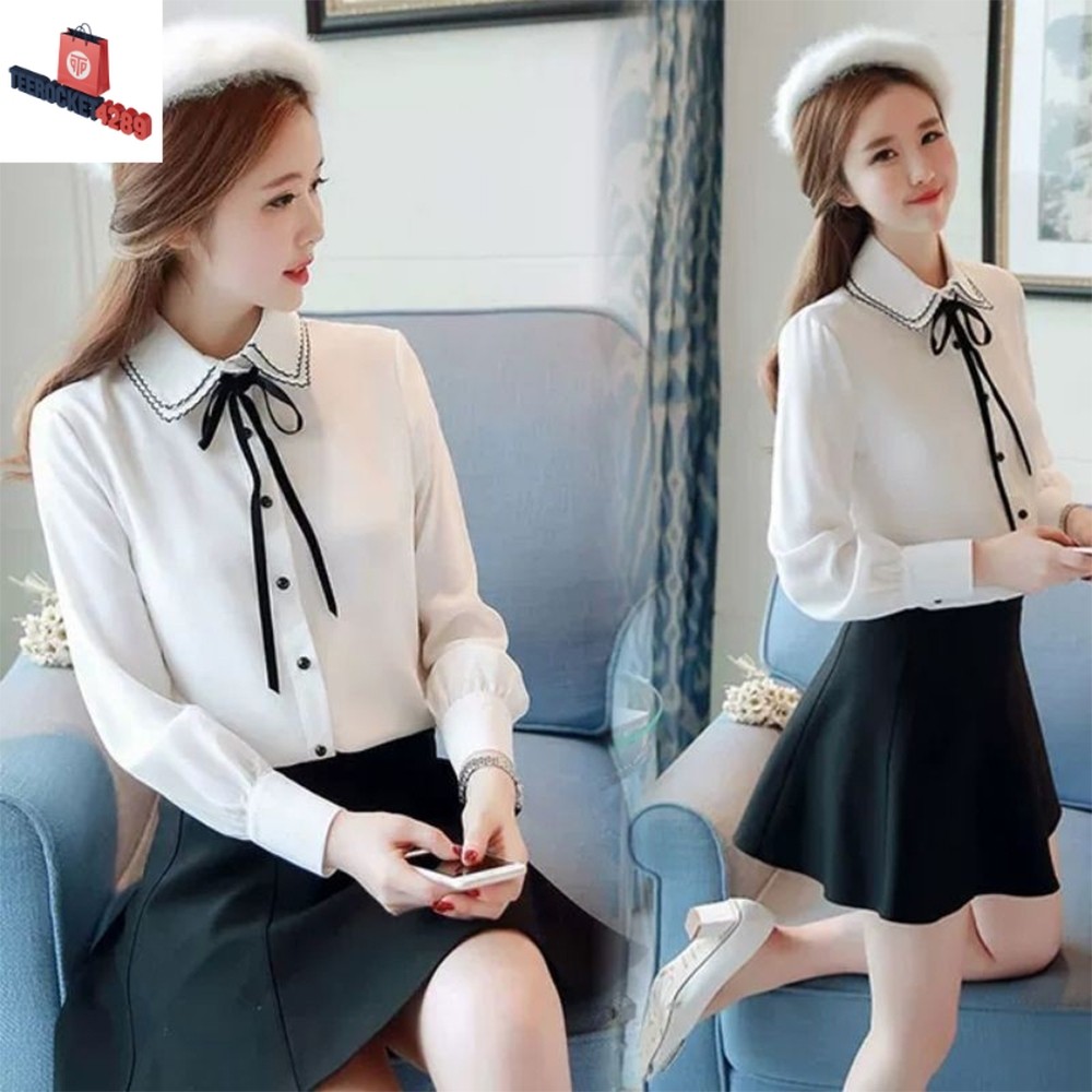 FYP เสื้อแขนยาวประดับโบว์ เสื้อคอปก น่ารักใสๆ สไตล์เกาหลี