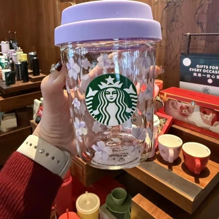Starbucks Cup พร้อมฝาปิดแก้ว Sakura Series Limited Edition แก้ว Tumbler สีชมพู Cherry Blossom สีม่วง Gradient Double-Wall ฉนวนทนความร้อนสะสม 296ml