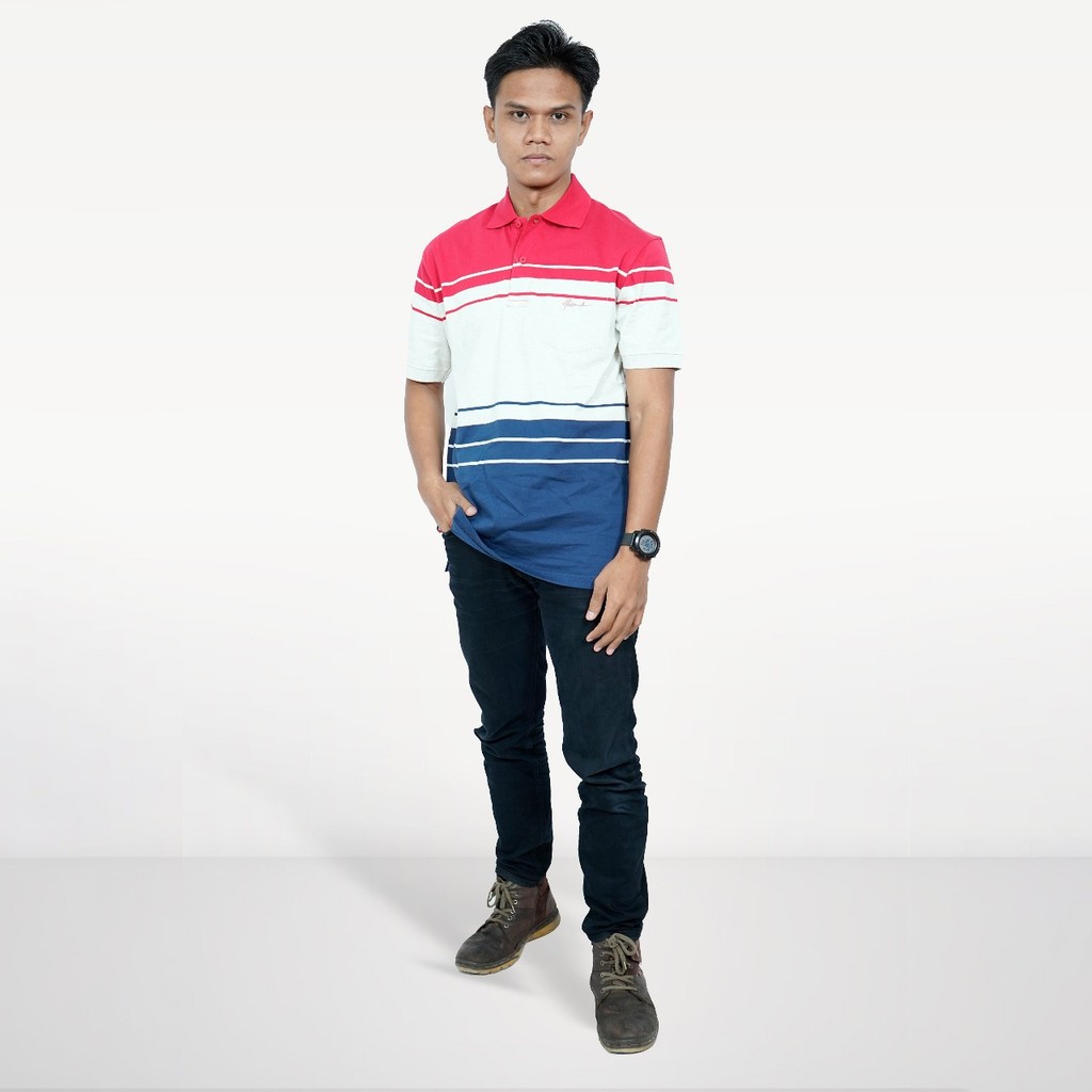 MERAH Hassenda Steward เสื้อโปโลผู้ชายลายทาง แขนสั้นใหม่ล่าสุด สีแดง HPA10418AMRH