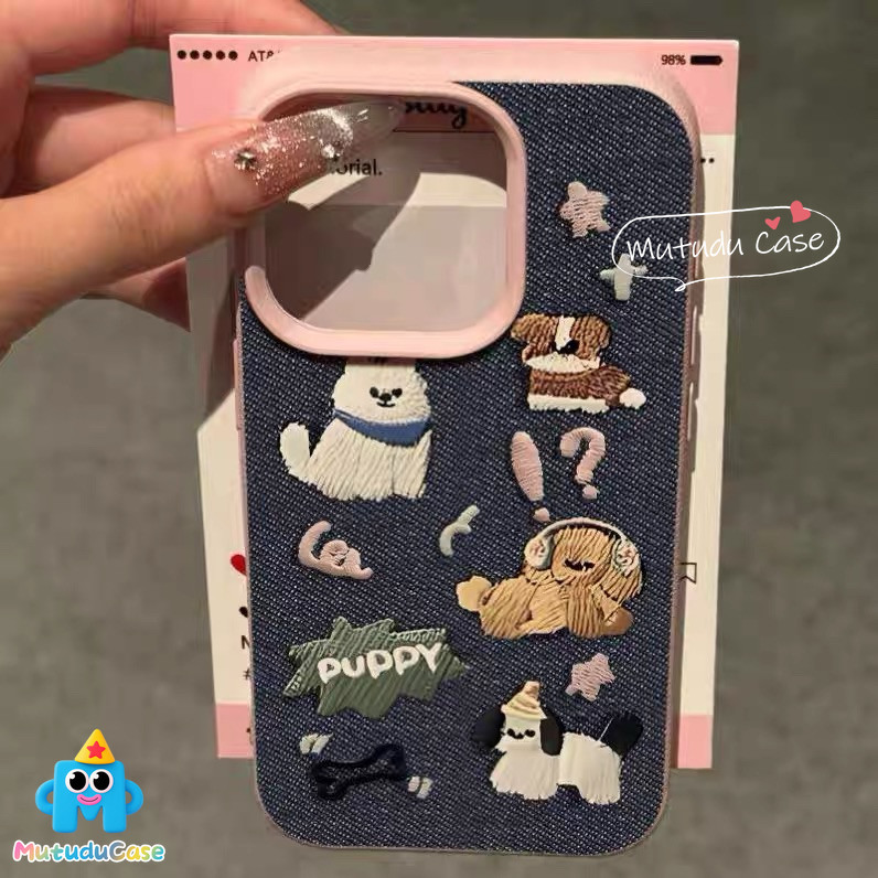 เข้ากันได้กับ IPhone 11 15 16 13 12 14 Pro Max XR 7 15 8 14 Plus XS X Max เคสหนังนิ่มลายปักรูปลูกสุนัขสไตล์คาวบอยสุดเก๋