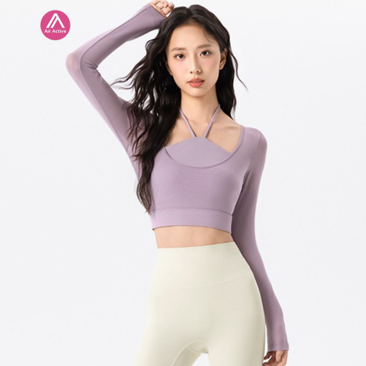 AirActive Yoga Sports T-shirt Crop Top Long Sleeves Fixed Pads Halter Neck 2 In 1 Design Mesh-stitching