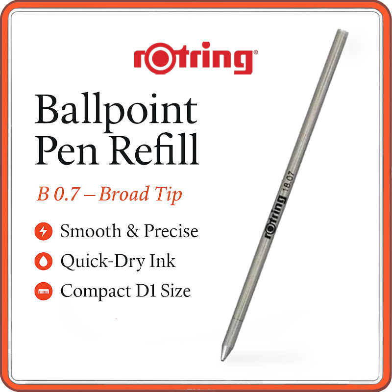 Genuine Rotring D1 Ballpoint Pen Refill – Black Ink, Fine Broad 0.7 mm Variants, Compatible with Rot