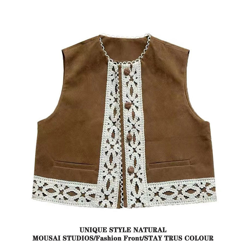Maillard Retro Suede Vest ผู้หญิง ฤดูใบไม้ร่วง ไหล่เสื้อกั๊กสีตัดกัน