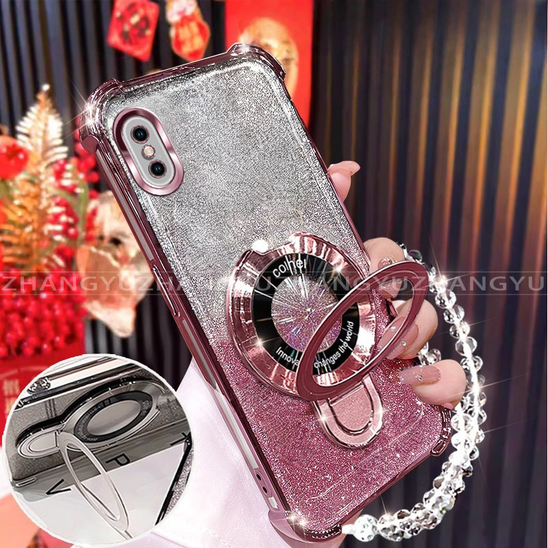 เคสสําหรับ iPhone x xs max xr เคสโทรศัพท์รูปตัว U ขายึดชาร์จไร้สายสี่มุมป้องกันการตกสร้อยข้อมือเปลือกนิ่มโปร่งใส 014