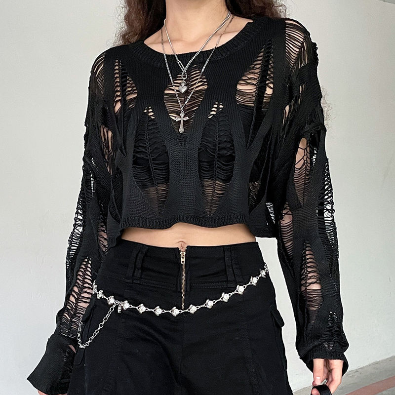 เสื้อกันหนาวสไตล์โกธิคกลวงซอกออกแบบตาข่ายสไตล์ตะวันตกด้านบนกลวงเสื้อปิดไหล่เสื้อแหอวนเอวสูง YZT8