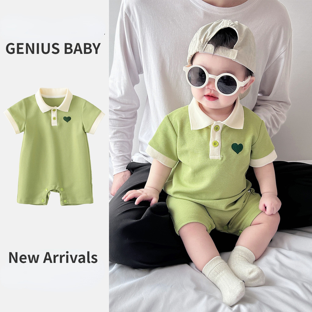 เสื้อผ้าเด็กฤดูร้อนเด็กชายและเด็กหญิงแขนสั้นโปโลบอดี้สูทเด็กผ้าฝ้ายบางปักรักหล่อสไตล์เกาหลี ชุดรอมเปอร์