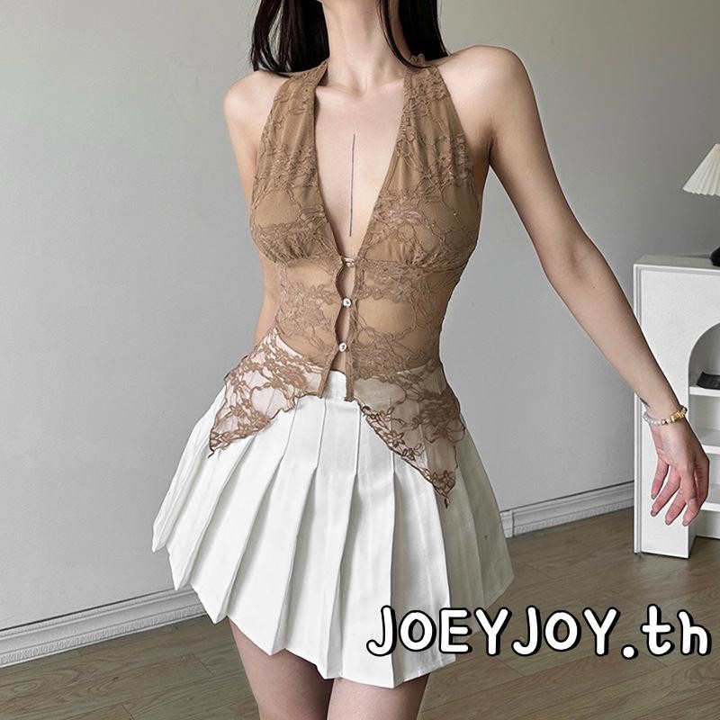 Joeyjoy-เสื้อกล้ามลูกไม้ผู้หญิงแขนกุดเชือกแขวนคอคอสลิมฟิตปุ่มลงเสื้อชั้นในสตรีเปิดหลัง