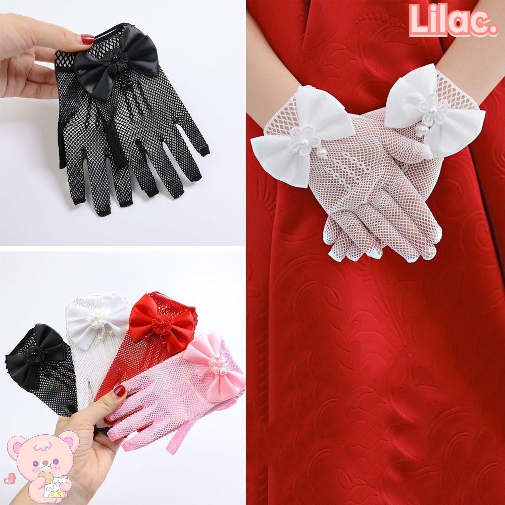 ลิแลค ถุงมือแต่งงานเด็ก,ถุงมือตาข่ายลูกไม้โบว์บาง, ถุงมือชุดมารยาทสั้นที่มีประโยชน์ถุงมือปาร์ตี้วันเกิดเจ้าหญิงวันหยุด