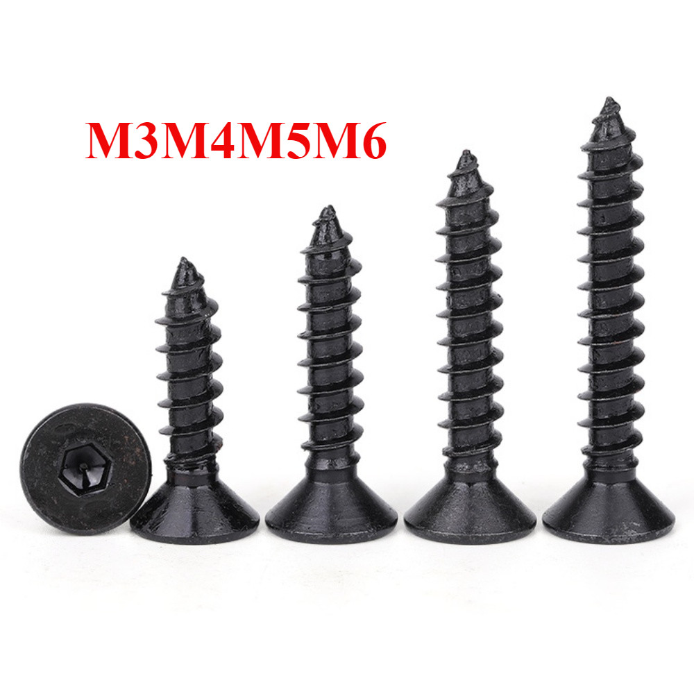 [FGHPL-2-y] เกรด 8.8 สีดำ สกรู เกลียวปล่อย  หัวจม หกเหลี่ยม เตเปอร์ เกลียวมิล หยาบ  /  Flat Head Hexagon Socket Tapping Screw M3M3.5M4M5M6