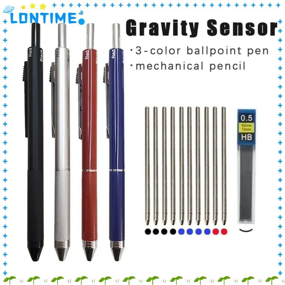 Lontime Gravity Sensing Pen, Press Type 4 in 1 Multi-Function Pen, Creative Metal 3 สีหมึกปากกาลูกลื่นโรงเรียน Office