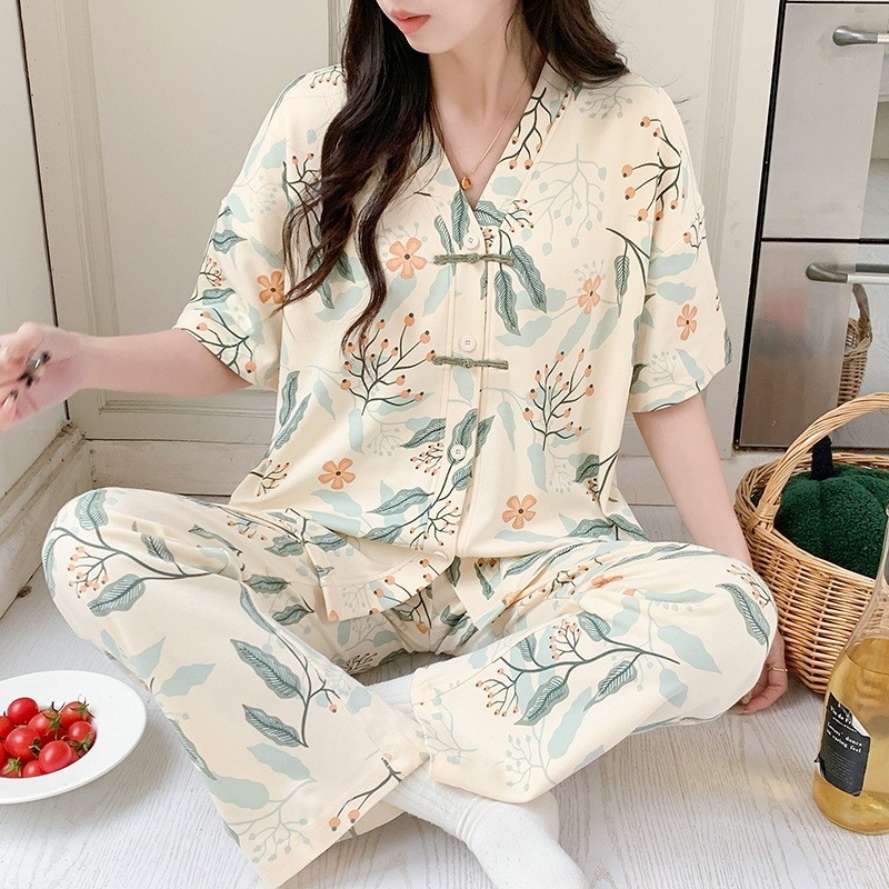 Pjs Women Cotton Pajama Style Sleepwear Pijamas Plus Size Nightwear Summer Women's Short Sleeved Lon