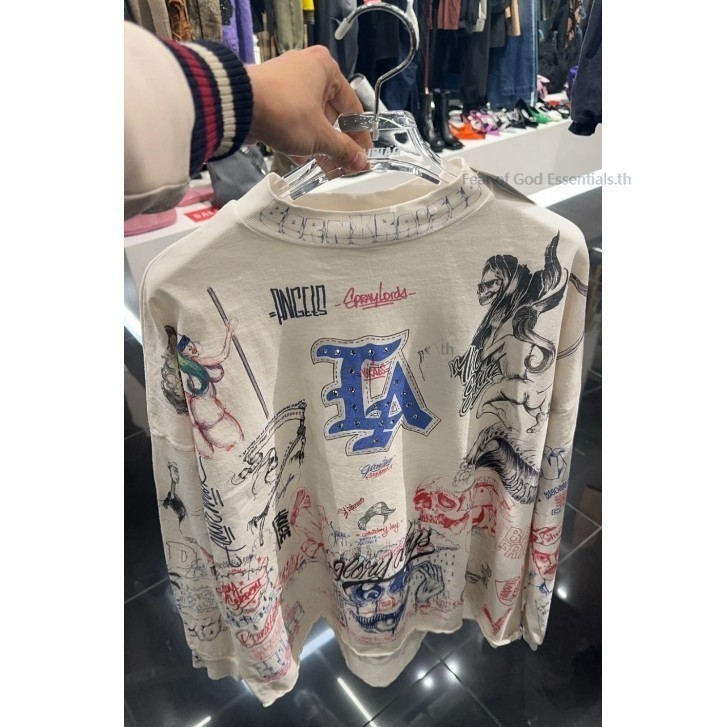 คุณภาพสูง Saint microch * ae1 B0RN X RA1SED สต็อกเพชรร้อน graffiti ล้างน้ําด้อย Vintage แขนยาวแฟชั่นเสื้อยืด