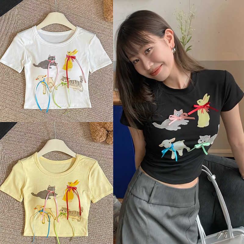 Kaekai พร้อมส่ง เสื้อครอป ผ้าเรยอน พิมพ์ลายสัตว์ แต่งโบว์ สไตล์เกาหลี แขนสั้น คอกลม (เสริมฟองน้ำ)