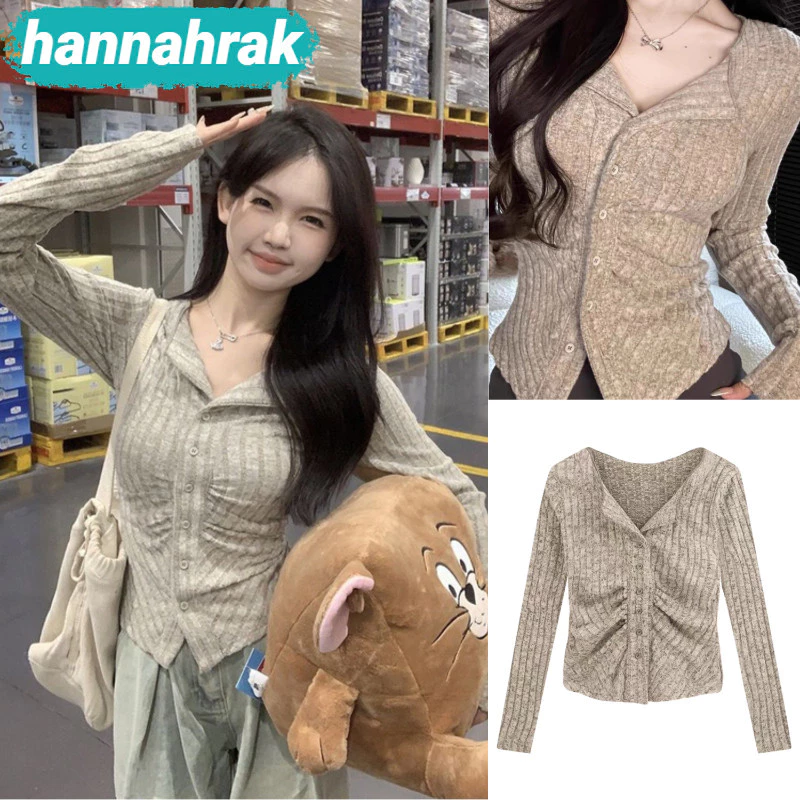เสื้อคาร์ดิแกนแขนยาว คอปก ติดกระดุม สีพื้น