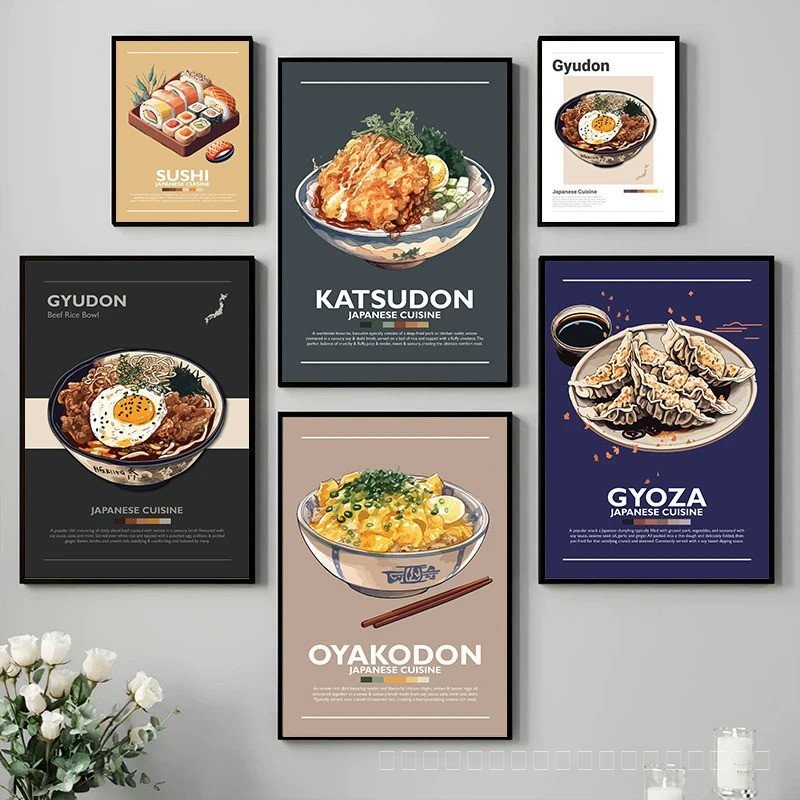 อาหารญี่ปุ่นโปสเตอร์ donburia oyakodon Ramen ไก่ทอด Yakitori ซูชิภาพวาดผ้าใบ Wall Art ภาพห้องครัวตกแต่งบ้าน