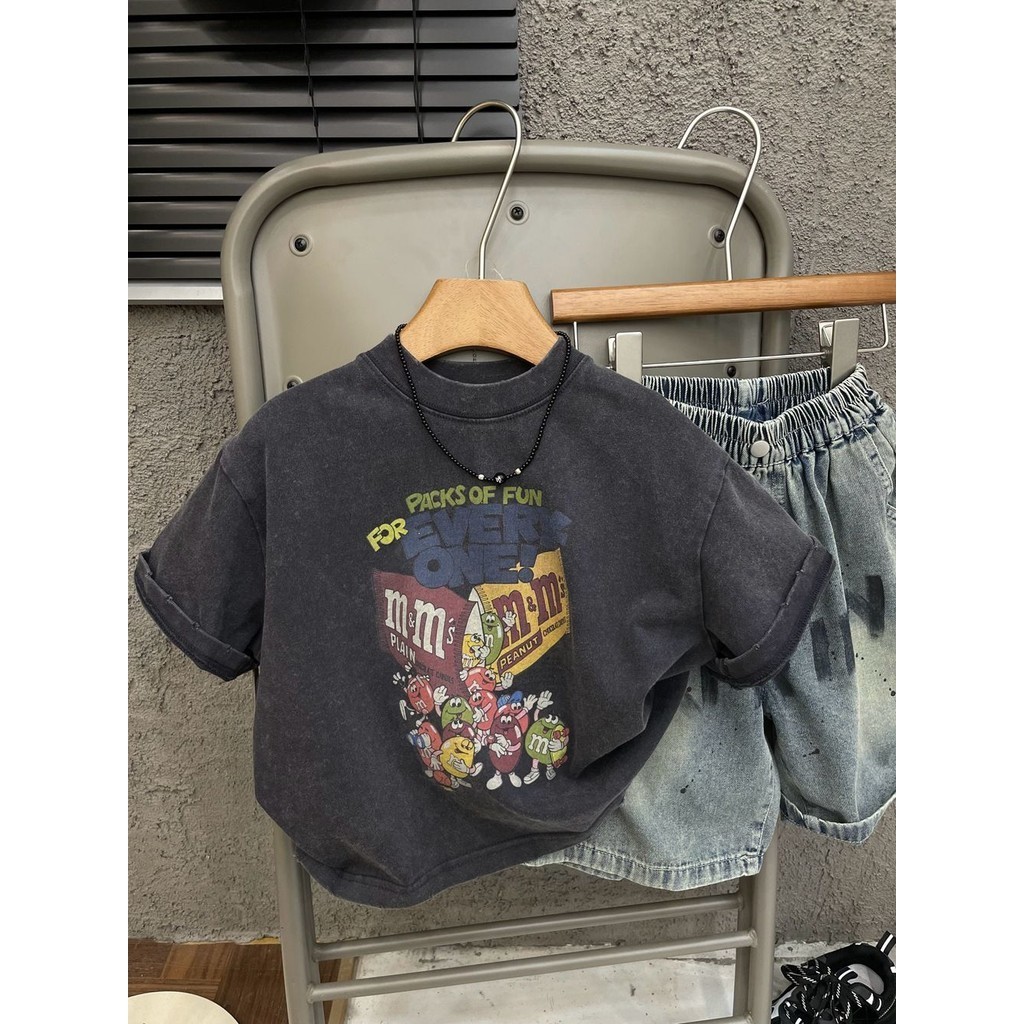 ฤดูร้อนหล่อเด็กชายและเด็กหญิงสมัยเก่าเกาหลีผ้าฝ้ายแขนสั้นหลวมเสื้อยืดการ์ตูนพิมพ์ด้านบน