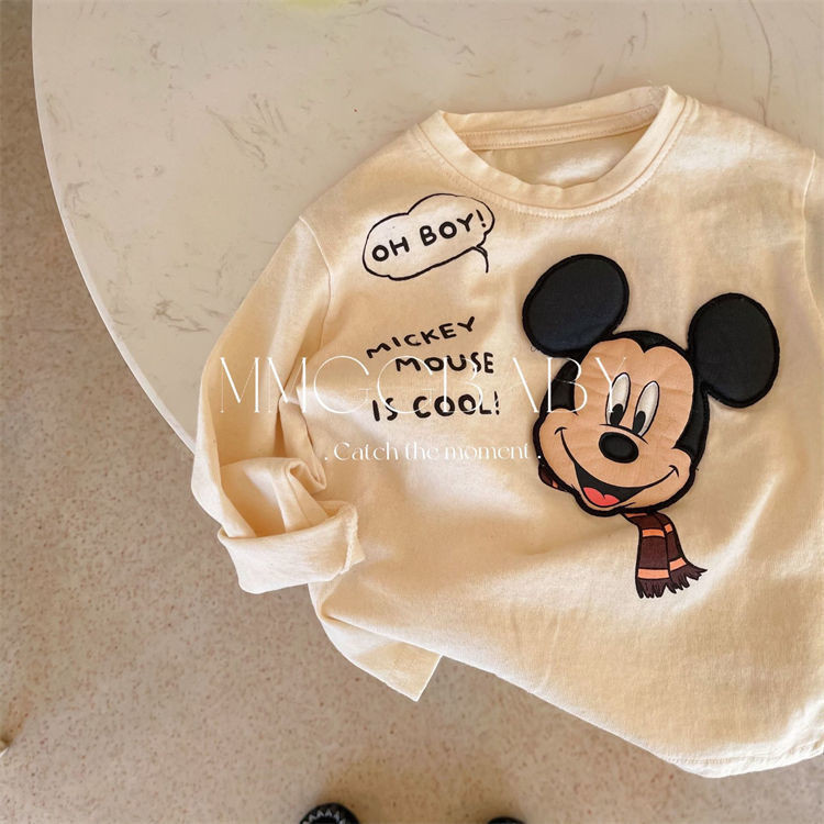 เสื้อยืดแขนยาวเด็กชายฤดูใบไม้ผลิฤดูใบไม้ร่วงสไตล์ใหม่เวอร์ชั่นเกาหลีแฟชั่นผ้าฝ้ายแท้คอกลมน่ารักการ์ตูนเมาส์แพทช์สบายๆนุ่มสบายทุกการแข่งขัน