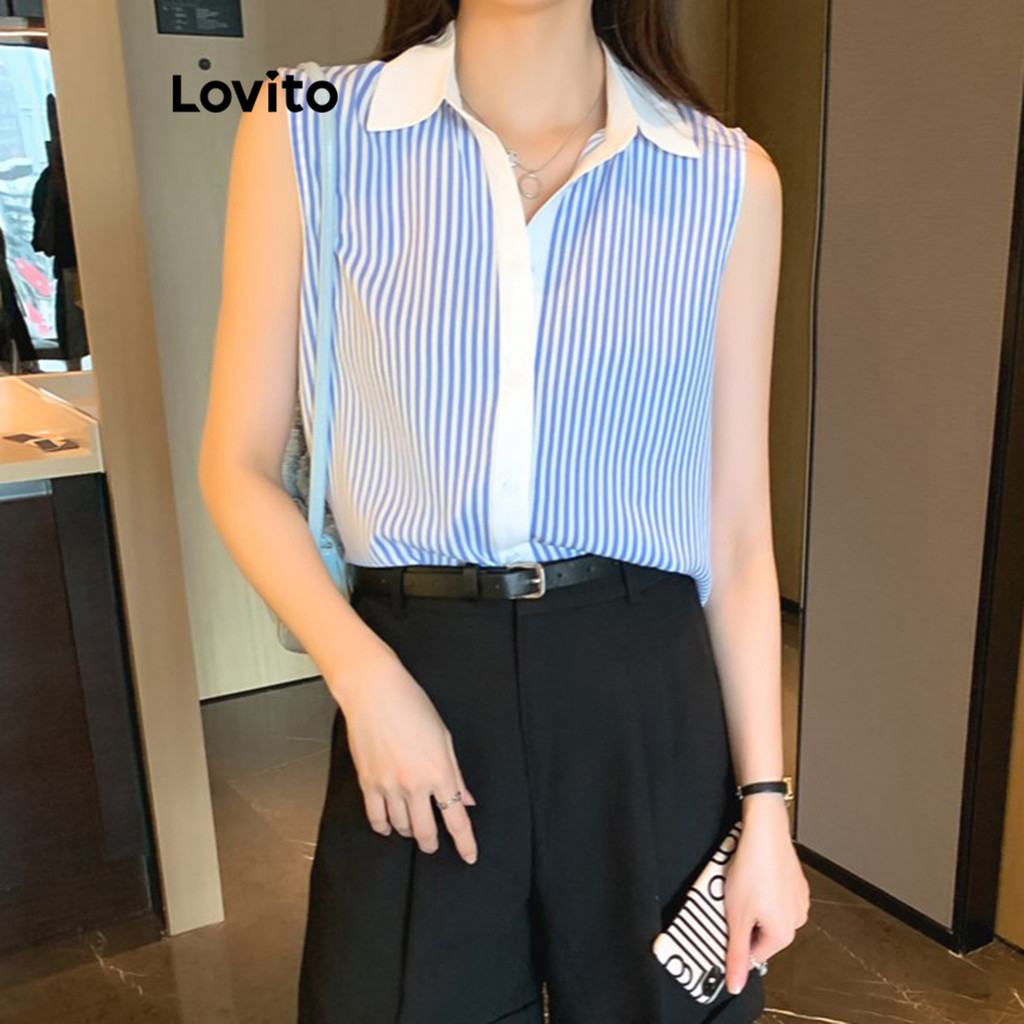 Lovito เสื้อเบลาส์ผู้หญิง แต่งขอบสีตัดกัน ลายทาง สไตล์ลำลอง LNE60415