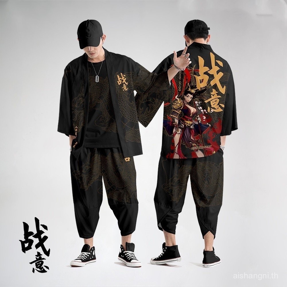สไตล์ญี่ปุ่นวินเทจกิโมโน haori กางเกงชุดผู้ชายแบบดั้งเดิมฮาราจูกุ streetwear ซามูไรคาร์ดิแกนเครื่องแต่งกายยูกาตะ gskp